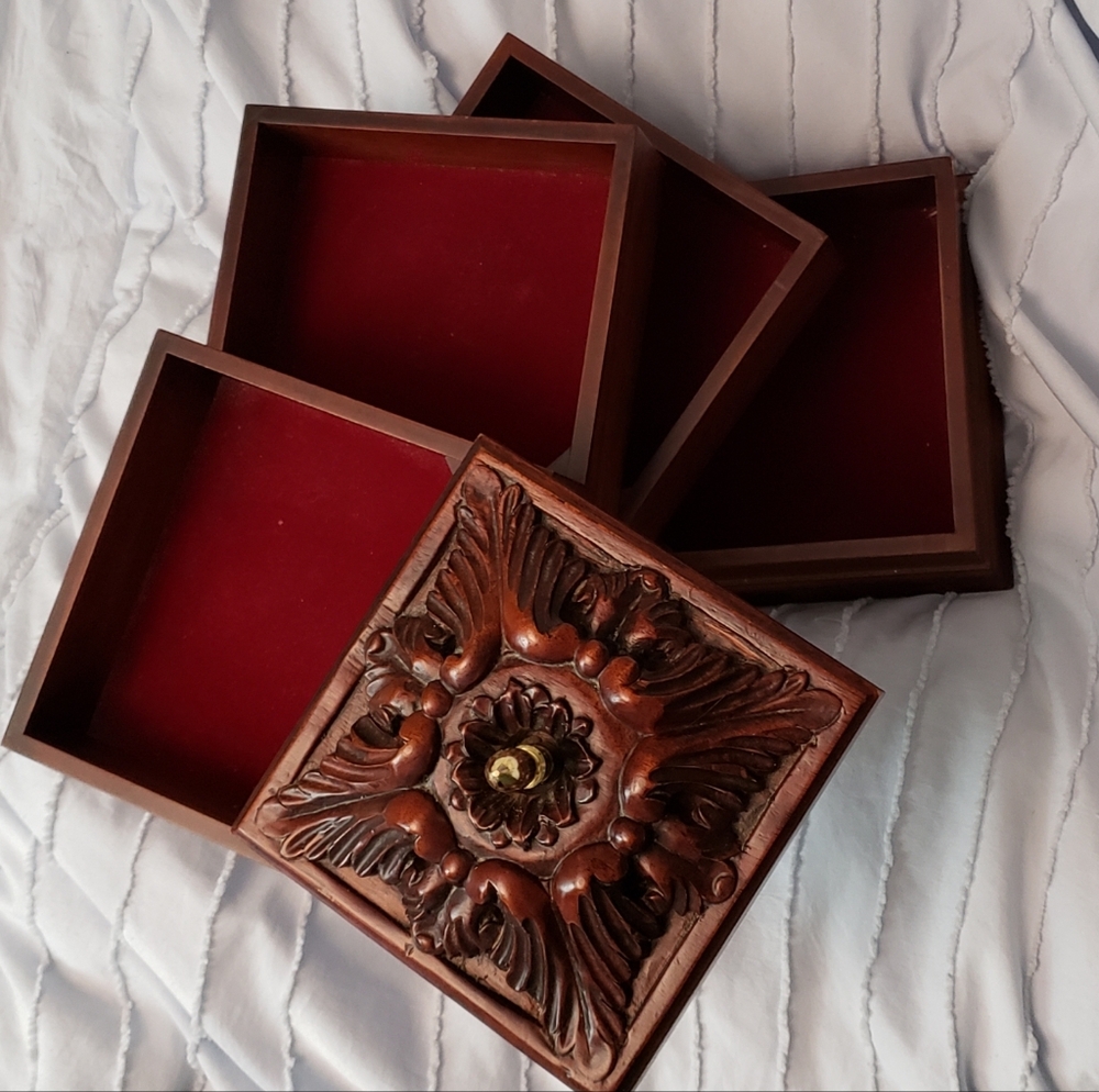 Bombay Jewelry Accent Wooden Box with Carved Ornate Botanical Design On Top